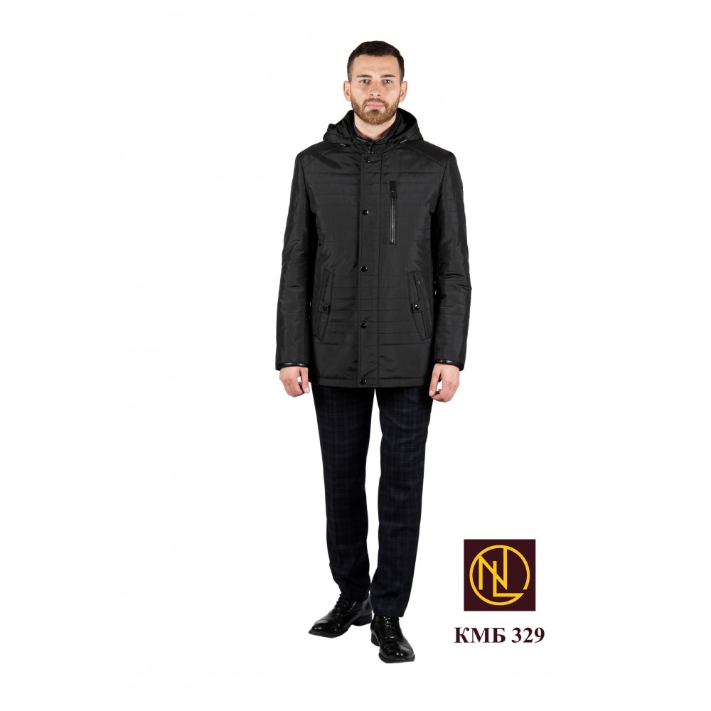 Куртка мужская весенне-осенняя чёрная стёганая с капюшоном и воротом стойкой оптом от производителя ВЕСНА 2023, выполненная из водоотталкивающей плотной ткани КМБ 329