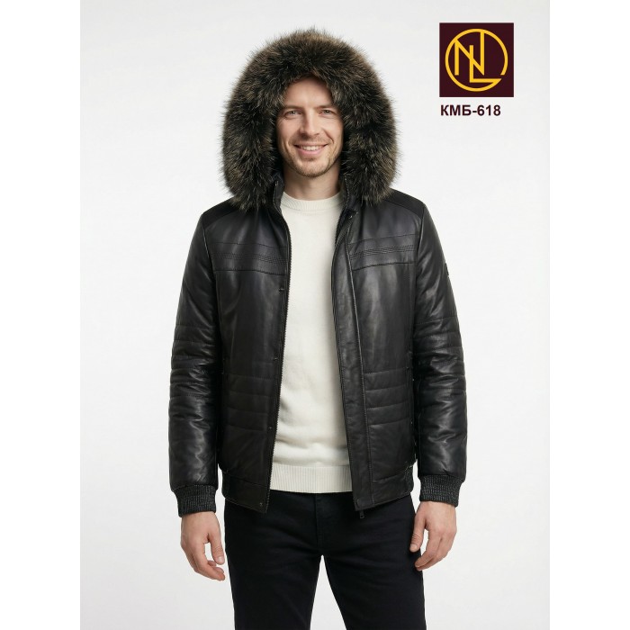 Куртка мужская бомбер с капюшоном и мехом енот ЗИМА 2026 арт. КМБ 618